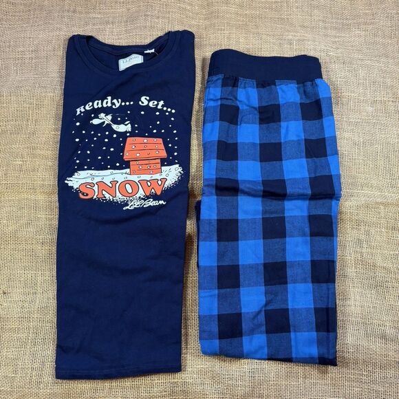 LL Bean x Peanuts Snoopy "Ready Set Snow" Pajama Set Buffalo Plaid Pants Size M - Picture 1 of 2
